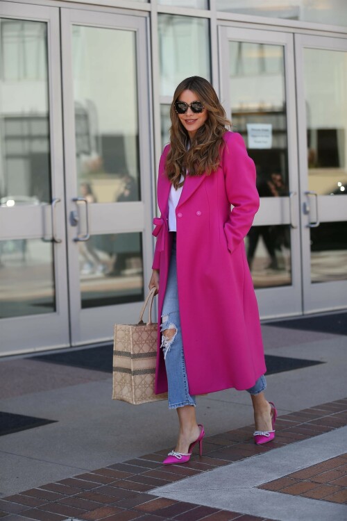 Sofia Vergara in a Pink Coat Arrives at AGT in Pasadena - April 1, 2023
Outfit: Valentino Diagonal Double Wool Coat with Bow Detail
Bag: Dior Medium Dior Book Tote Natural Cannage Raffia