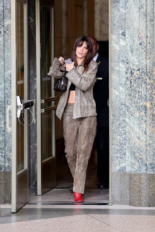 Emily Ratajkowski flashes her toned abs in a crop top paired with scarlet animal-print boots as she steps out in NYC - April 11, 2023

Emily Ratajkowski flashes her toned abs in a crop top paired with scarlet animal-print boots as she steps out in NYC - amid new Harry Styles romance

Emily Ratajkowski commanded attention on Tuesday as she stepped out in an eye-catching look in New York City amid her new romance with Harry Styles.

The 31-year-old supermodel — who was spotted with her son Sly on Monday — strutted her stuff in a plunging black crop top that exposed her enviable abs.

The mother-of-one wore a textured brown co-ord consisting of a jacket and matching trousers.

She teamed the fashion-forward look with a pair of bright, red, square-toed boots with a snake print design.

The High/Low With Emrata podcast host elevated the ensemble with a pair of lightly-tinted, narrow sunglasses with a black frame.

Emily, who is is a New York Times Bestselling author thanks to her book My Body, wore her chocolate-brown locks loose.

Her lustrous strands fell over her chest as she rocked them in an imperfect center part and face-framing bangs.

She donned a gold and black chain link necklace, along with chunky, medium-sized gold hoop earrings.

The runway regular slung a small, dark handbag over her shoulder and showed off a full face of makeup.

Last month the doting mom took to Instagram to share outtakes from the little boy's Paw Patrol themed birthday bash.

Emily recently broke her silence on the passionate, public kiss she shared with pop star Harry Styles in Tokyo.

While speaking with the Los Angeles Times, the star commented on the viral kiss, stating, 'There’s a million insane, inaccurate things about my relationships [that are said].'

'I’m definitely still not thinking about guys,' she continued, adding, 'Although, yeah. You know, sometimes things just happen.'

Shortly after the kiss, a source had told The Sun, 'They aren’t hiding anything,' and that the two 'are enjoying getting to know each other.'

'Getting filmed kissing in Tokyo and then that footage being shared with the world wasn’t what either of them expected — but they aren’t hiding anything,' the person reiterated.

In March, Emily hinted at a possible romance with the British-born singer, although she did not disclose his name, when appearing on the podcast Going Mental With Eileen Kelly.

'I just started dating someone that I kinda like, so that feels different,' she dished. 'He's kinda great.'

In the LA Times interview, the star also revealed that she stopped going to networking parties, as they were filled with 'disgusting' middle-aged men.

Since her split from Sebastian last summer, Ratajkowski has been linked to celebrities such as Pete Davidson, comedian Eric Andre, and most recently Harry Styles.

Emily talked about how news of her divorce got out while on an episode of the podcast Forbidden Fruits with Julia Fox and Niki Takesh : 'I went to a party where it was just, like, every famous person in the world and I was, like, not wearing my ring, and it, like, spread by the end of the night and I had so much fun.

However, she acknowledged the difficulties of being in the public eye when it comes to her romantic life.

'I went to a basketball game with my girlfriend, who is friends with a guy who had an extra seat, and when I came back from halftime, we switched, I sat next to him, and there were, like, a million pictures, like, 'EmRata seen on a date with so and so,' she recalled, adding, 'Can I get a fucking break?'