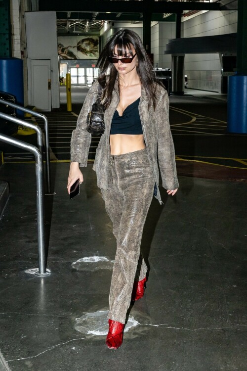 Emily Ratajkowski flashes her toned abs in a crop top paired with scarlet animal-print boots as she steps out in NYC - April 11, 2023

Emily Ratajkowski flashes her toned abs in a crop top paired with scarlet animal-print boots as she steps out in NYC - amid new Harry Styles romance

Emily Ratajkowski commanded attention on Tuesday as she stepped out in an eye-catching look in New York City amid her new romance with Harry Styles.

The 31-year-old supermodel — who was spotted with her son Sly on Monday — strutted her stuff in a plunging black crop top that exposed her enviable abs.

The mother-of-one wore a textured brown co-ord consisting of a jacket and matching trousers.

She teamed the fashion-forward look with a pair of bright, red, square-toed boots with a snake print design.

The High/Low With Emrata podcast host elevated the ensemble with a pair of lightly-tinted, narrow sunglasses with a black frame.

Emily, who is is a New York Times Bestselling author thanks to her book My Body, wore her chocolate-brown locks loose.

Her lustrous strands fell over her chest as she rocked them in an imperfect center part and face-framing bangs.

She donned a gold and black chain link necklace, along with chunky, medium-sized gold hoop earrings.

The runway regular slung a small, dark handbag over her shoulder and showed off a full face of makeup.

Last month the doting mom took to Instagram to share outtakes from the little boy's Paw Patrol themed birthday bash.

Emily recently broke her silence on the passionate, public kiss she shared with pop star Harry Styles in Tokyo.

While speaking with the Los Angeles Times, the star commented on the viral kiss, stating, 'There’s a million insane, inaccurate things about my relationships [that are said].'

'I’m definitely still not thinking about guys,' she continued, adding, 'Although, yeah. You know, sometimes things just happen.'

Shortly after the kiss, a source had told The Sun, 'They aren’t hiding anything,' and that the two 'are enjoying getting to know each other.'

'Getting filmed kissing in Tokyo and then that footage being shared with the world wasn’t what either of them expected — but they aren’t hiding anything,' the person reiterated.

In March, Emily hinted at a possible romance with the British-born singer, although she did not disclose his name, when appearing on the podcast Going Mental With Eileen Kelly.

'I just started dating someone that I kinda like, so that feels different,' she dished. 'He's kinda great.'

In the LA Times interview, the star also revealed that she stopped going to networking parties, as they were filled with 'disgusting' middle-aged men.

Since her split from Sebastian last summer, Ratajkowski has been linked to celebrities such as Pete Davidson, comedian Eric Andre, and most recently Harry Styles.

Emily talked about how news of her divorce got out while on an episode of the podcast Forbidden Fruits with Julia Fox and Niki Takesh : 'I went to a party where it was just, like, every famous person in the world and I was, like, not wearing my ring, and it, like, spread by the end of the night and I had so much fun.

However, she acknowledged the difficulties of being in the public eye when it comes to her romantic life.

'I went to a basketball game with my girlfriend, who is friends with a guy who had an extra seat, and when I came back from halftime, we switched, I sat next to him, and there were, like, a million pictures, like, 'EmRata seen on a date with so and so,' she recalled, adding, 'Can I get a fucking break?'