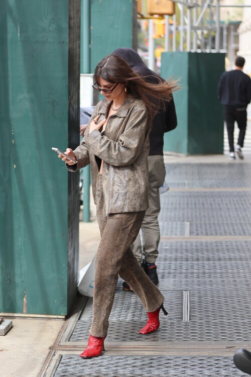 Emily Ratajkowski flashes her toned abs in a crop top paired with scarlet animal-print boots as she steps out in NYC - April 11, 2023

Emily Ratajkowski flashes her toned abs in a crop top paired with scarlet animal-print boots as she steps out in NYC - amid new Harry Styles romance

Emily Ratajkowski commanded attention on Tuesday as she stepped out in an eye-catching look in New York City amid her new romance with Harry Styles.

The 31-year-old supermodel — who was spotted with her son Sly on Monday — strutted her stuff in a plunging black crop top that exposed her enviable abs.

The mother-of-one wore a textured brown co-ord consisting of a jacket and matching trousers.

She teamed the fashion-forward look with a pair of bright, red, square-toed boots with a snake print design.

The High/Low With Emrata podcast host elevated the ensemble with a pair of lightly-tinted, narrow sunglasses with a black frame.

Emily, who is is a New York Times Bestselling author thanks to her book My Body, wore her chocolate-brown locks loose.

Her lustrous strands fell over her chest as she rocked them in an imperfect center part and face-framing bangs.

She donned a gold and black chain link necklace, along with chunky, medium-sized gold hoop earrings.

The runway regular slung a small, dark handbag over her shoulder and showed off a full face of makeup.

Last month the doting mom took to Instagram to share outtakes from the little boy's Paw Patrol themed birthday bash.

Emily recently broke her silence on the passionate, public kiss she shared with pop star Harry Styles in Tokyo.

While speaking with the Los Angeles Times, the star commented on the viral kiss, stating, 'There’s a million insane, inaccurate things about my relationships [that are said].'

'I’m definitely still not thinking about guys,' she continued, adding, 'Although, yeah. You know, sometimes things just happen.'

Shortly after the kiss, a source had told The Sun, 'They aren’t hiding anything,' and that the two 'are enjoying getting to know each other.'

'Getting filmed kissing in Tokyo and then that footage being shared with the world wasn’t what either of them expected — but they aren’t hiding anything,' the person reiterated.

In March, Emily hinted at a possible romance with the British-born singer, although she did not disclose his name, when appearing on the podcast Going Mental With Eileen Kelly.

'I just started dating someone that I kinda like, so that feels different,' she dished. 'He's kinda great.'

In the LA Times interview, the star also revealed that she stopped going to networking parties, as they were filled with 'disgusting' middle-aged men.

Since her split from Sebastian last summer, Ratajkowski has been linked to celebrities such as Pete Davidson, comedian Eric Andre, and most recently Harry Styles.

Emily talked about how news of her divorce got out while on an episode of the podcast Forbidden Fruits with Julia Fox and Niki Takesh : 'I went to a party where it was just, like, every famous person in the world and I was, like, not wearing my ring, and it, like, spread by the end of the night and I had so much fun.

However, she acknowledged the difficulties of being in the public eye when it comes to her romantic life.

'I went to a basketball game with my girlfriend, who is friends with a guy who had an extra seat, and when I came back from halftime, we switched, I sat next to him, and there were, like, a million pictures, like, 'EmRata seen on a date with so and so,' she recalled, adding, 'Can I get a fucking break?'