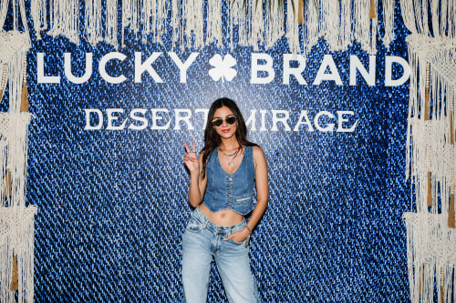 Victoria Justice At The Lucky Brand Desert Mirage, Palm Springs, USA - April 15 2023

Her Style: Lucky Brand Lucky Legend Indigo Denim Vest + Lucky Brand Low Rise Super Wide Leg + Lucky Brand Curla Crochet High Top Sneaker