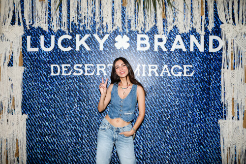 Victoria Justice At The Lucky Brand Desert Mirage, Palm Springs, USA - April 15 2023

Her Style: Lucky Brand Lucky Legend Indigo Denim Vest + Lucky Brand Low Rise Super Wide Leg + Lucky Brand Curla Crochet High Top Sneaker