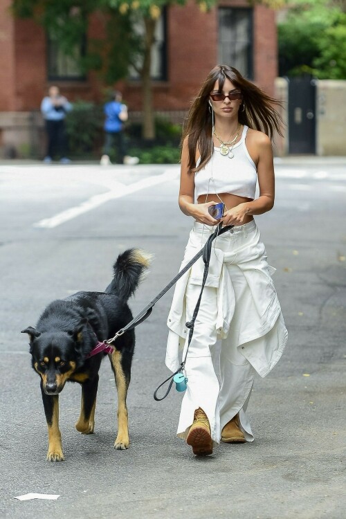 Emily Ratajkowski | NYC - August 29, 2023

Emily Ratajkowski goes braless in a tiny white top with matching baggy trousers while walking her dog Colombo in NYC

Emily Ratajkowski once again made the streets of New York City her runway as she walked her adorable dog Colombo this morning.

The Victoria's Secret Icons model, 32, looked gorgeous in a white crop top with no bra and white baggy trousers.

She had a white shirt tied around her waist and wore light brown boots and tiny black sunglasses.

The mom of Sylvester, two, wore her auburn hair parted in the middle with long, curtain bangs framing her beautiful face.

The Gone Girl actress' sculpted shoulders and abs were perfectly highlighted by her outfit.

In the evening, Emily stepped out in the same all white ensemble but added the jacket as she headed out in the city with a pal.

Emily shares son Sly with her ex-husband, movie producer Sebastian Bear-McClard.

She filed for divorce in September 2022 after four years of marriage.

There were multiple reports that McClard had cheated on the supermodel but the rumors were never verified.

Since her split, EmRata has been spotted kissing DJ Orazio Rispo, hanging out with Brad Pitt, 59, and had a brief romance with comedian Eric André, 40.

The My Body author has also been linked to Pete Davidson, 29, and Harry Styles, 29.

The morning dog walk comes about a week after Emily posed with Hailey Bieber, 26, and Gisele Bundchen, 43, to model The Icons bra for Victoria's Secret.

A black-and-white video released by the revived lingerie brand also revealed that former Victoria's Secret Angels Naomi Campbell, Adriana Lima, and Candice Swanepoel were part of the campaign.

Emily modeled the Push-Up Demi Bra which she paired with strappy panties and a short, open black robe.

The 5'7" beauty began modeling as a teenager growing up near San Diego in Encinitas, California.

She rose to fame after she appeared in Robin Thicke's Blurred Lines music video ten years ago.

Ratajkowski's book of essays, My Body, made her a New York Times bestselling author in 2021.

In one of the essays, she alleged that Thicke groped her while they were filming his video and also wrote essays about being exploited in the modeling world.

DailyMail

#EmilyRatajkowski