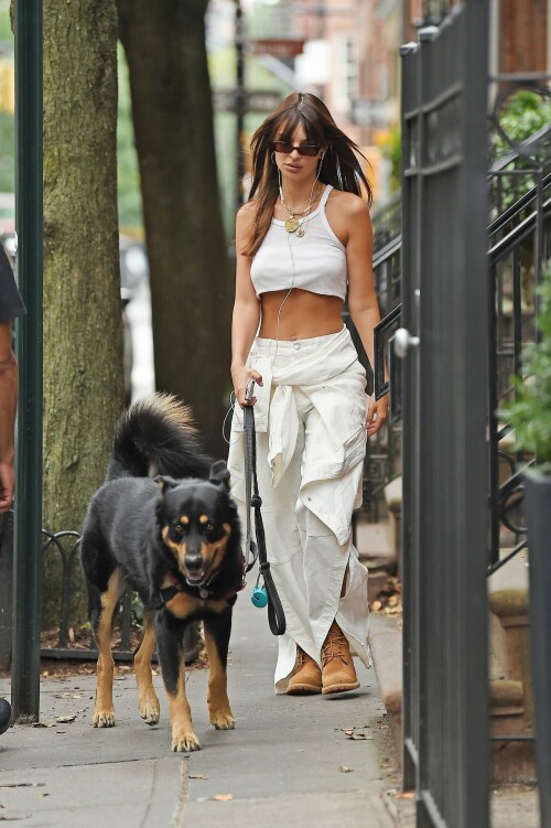 Emily Ratajkowski | NYC - August 29, 2023

Emily Ratajkowski goes braless in a tiny white top with matching baggy trousers while walking her dog Colombo in NYC

Emily Ratajkowski once again made the streets of New York City her runway as she walked her adorable dog Colombo this morning.

The Victoria's Secret Icons model, 32, looked gorgeous in a white crop top with no bra and white baggy trousers.

She had a white shirt tied around her waist and wore light brown boots and tiny black sunglasses.

The mom of Sylvester, two, wore her auburn hair parted in the middle with long, curtain bangs framing her beautiful face.

The Gone Girl actress' sculpted shoulders and abs were perfectly highlighted by her outfit.

In the evening, Emily stepped out in the same all white ensemble but added the jacket as she headed out in the city with a pal.

Emily shares son Sly with her ex-husband, movie producer Sebastian Bear-McClard.

She filed for divorce in September 2022 after four years of marriage.

There were multiple reports that McClard had cheated on the supermodel but the rumors were never verified.

Since her split, EmRata has been spotted kissing DJ Orazio Rispo, hanging out with Brad Pitt, 59, and had a brief romance with comedian Eric André, 40.

The My Body author has also been linked to Pete Davidson, 29, and Harry Styles, 29.

The morning dog walk comes about a week after Emily posed with Hailey Bieber, 26, and Gisele Bundchen, 43, to model The Icons bra for Victoria's Secret.

A black-and-white video released by the revived lingerie brand also revealed that former Victoria's Secret Angels Naomi Campbell, Adriana Lima, and Candice Swanepoel were part of the campaign.

Emily modeled the Push-Up Demi Bra which she paired with strappy panties and a short, open black robe.

The 5'7" beauty began modeling as a teenager growing up near San Diego in Encinitas, California.

She rose to fame after she appeared in Robin Thicke's Blurred Lines music video ten years ago.

Ratajkowski's book of essays, My Body, made her a New York Times bestselling author in 2021.

In one of the essays, she alleged that Thicke groped her while they were filming his video and also wrote essays about being exploited in the modeling world.

DailyMail

#EmilyRatajkowski