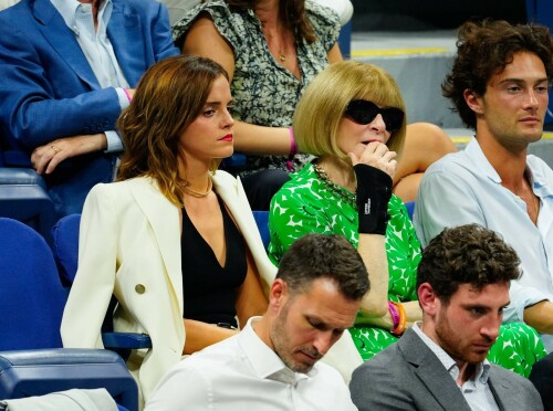 Emma Watson attends the 2023 US Open Tennis Championships in NY - September 5, 2023

Emma Watson weaves her magic on Anna Wintour! Spellbinding Harry Potter star makes Vogue boss crack a rare smile at the 2023 US Open Tennis Championships in New York City

Emma Watson served up a chic look for the 2023 US Open Tennis Championships in New York City on Tuesday.

The 33-year-old cut a seriously stylish figure in an eye-catching white suit and black vest while watching Karolina Muchova of the Czech Republic defeat Sorana Cirstea, of Romania, during the quarterfinals.

And it's a good thing the Harry Potter star brought her fashion A-game - she was seated alongside Vogue boss Anna Wintour.

The actress certainly managed to weave her magic on the notoriously aloof magazine icon, with Wintour cracking a rare smile and even a chuckle while the pair chatted away courtside.

Of course, the pair have crossed paths many times before with Emma chalking up numerous British Vogue and international Vogue covers during her hugely successful career.

The 73-year-old media executive donned an eye-catching white-and-green sleeved dress at the sporting event.

The longtime Editor-In-Chief of Vogue added another element of brightness to her look with a white leather belt.

The fashion industry mainstay also accessorized with a set of sparkling necklaces.

Wintour donned a pair of jet-black sunglasses, which contrasted perfectly with the bright tones of her clothing.

Her platinum blonde hair fell towards her shoulders while she spent time at the tournament.

Elsewhere at the star-studded event, Chloe Grace Moretz opted for a graphic-printed navy blue t-shirt during the championships.

The 26-year-old performer paired her top with a set of wide-framed sunglasses.

The Dark Shadows actress gave her outfit a bit of metallic shine with a set of earrings.

Moretz was also seated next to her girlfriend, Kate Harrison, for the duration of the sporting event.

The 32-year-old model showed off her sculpted arms while wearing a white undershirt.

The social media personality added an element of darkness to her look with a black crossbody bag.

Her dark brunette hair cascaded onto her shoulders and chest as she spent time at the tournament.

J Balvin stood out while wearing a bright pink polo shirt during the annual sporting event.

The 38-year-old musician paired his top with an equally eye-catching pair of pants.

DailyMail

#EmmaWatson