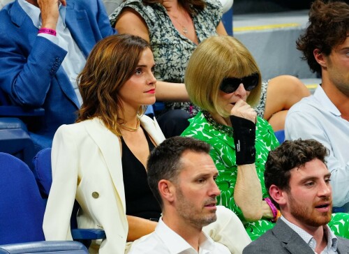 Emma Watson attends the 2023 US Open Tennis Championships in NY - September 5, 2023

Emma Watson weaves her magic on Anna Wintour! Spellbinding Harry Potter star makes Vogue boss crack a rare smile at the 2023 US Open Tennis Championships in New York City

Emma Watson served up a chic look for the 2023 US Open Tennis Championships in New York City on Tuesday.

The 33-year-old cut a seriously stylish figure in an eye-catching white suit and black vest while watching Karolina Muchova of the Czech Republic defeat Sorana Cirstea, of Romania, during the quarterfinals.

And it's a good thing the Harry Potter star brought her fashion A-game - she was seated alongside Vogue boss Anna Wintour.

The actress certainly managed to weave her magic on the notoriously aloof magazine icon, with Wintour cracking a rare smile and even a chuckle while the pair chatted away courtside.

Of course, the pair have crossed paths many times before with Emma chalking up numerous British Vogue and international Vogue covers during her hugely successful career.

The 73-year-old media executive donned an eye-catching white-and-green sleeved dress at the sporting event.

The longtime Editor-In-Chief of Vogue added another element of brightness to her look with a white leather belt.

The fashion industry mainstay also accessorized with a set of sparkling necklaces.

Wintour donned a pair of jet-black sunglasses, which contrasted perfectly with the bright tones of her clothing.

Her platinum blonde hair fell towards her shoulders while she spent time at the tournament.

Elsewhere at the star-studded event, Chloe Grace Moretz opted for a graphic-printed navy blue t-shirt during the championships.

The 26-year-old performer paired her top with a set of wide-framed sunglasses.

The Dark Shadows actress gave her outfit a bit of metallic shine with a set of earrings.

Moretz was also seated next to her girlfriend, Kate Harrison, for the duration of the sporting event.

The 32-year-old model showed off her sculpted arms while wearing a white undershirt.

The social media personality added an element of darkness to her look with a black crossbody bag.

Her dark brunette hair cascaded onto her shoulders and chest as she spent time at the tournament.

J Balvin stood out while wearing a bright pink polo shirt during the annual sporting event.

The 38-year-old musician paired his top with an equally eye-catching pair of pants.

DailyMail

#EmmaWatson