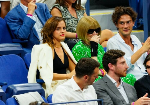 Emma Watson attends the 2023 US Open Tennis Championships in NY - September 5, 2023

Emma Watson weaves her magic on Anna Wintour! Spellbinding Harry Potter star makes Vogue boss crack a rare smile at the 2023 US Open Tennis Championships in New York City

Emma Watson served up a chic look for the 2023 US Open Tennis Championships in New York City on Tuesday.

The 33-year-old cut a seriously stylish figure in an eye-catching white suit and black vest while watching Karolina Muchova of the Czech Republic defeat Sorana Cirstea, of Romania, during the quarterfinals.

And it's a good thing the Harry Potter star brought her fashion A-game - she was seated alongside Vogue boss Anna Wintour.

The actress certainly managed to weave her magic on the notoriously aloof magazine icon, with Wintour cracking a rare smile and even a chuckle while the pair chatted away courtside.

Of course, the pair have crossed paths many times before with Emma chalking up numerous British Vogue and international Vogue covers during her hugely successful career.

The 73-year-old media executive donned an eye-catching white-and-green sleeved dress at the sporting event.

The longtime Editor-In-Chief of Vogue added another element of brightness to her look with a white leather belt.

The fashion industry mainstay also accessorized with a set of sparkling necklaces.

Wintour donned a pair of jet-black sunglasses, which contrasted perfectly with the bright tones of her clothing.

Her platinum blonde hair fell towards her shoulders while she spent time at the tournament.

Elsewhere at the star-studded event, Chloe Grace Moretz opted for a graphic-printed navy blue t-shirt during the championships.

The 26-year-old performer paired her top with a set of wide-framed sunglasses.

The Dark Shadows actress gave her outfit a bit of metallic shine with a set of earrings.

Moretz was also seated next to her girlfriend, Kate Harrison, for the duration of the sporting event.

The 32-year-old model showed off her sculpted arms while wearing a white undershirt.

The social media personality added an element of darkness to her look with a black crossbody bag.

Her dark brunette hair cascaded onto her shoulders and chest as she spent time at the tournament.

J Balvin stood out while wearing a bright pink polo shirt during the annual sporting event.

The 38-year-old musician paired his top with an equally eye-catching pair of pants.

DailyMail

#EmmaWatson