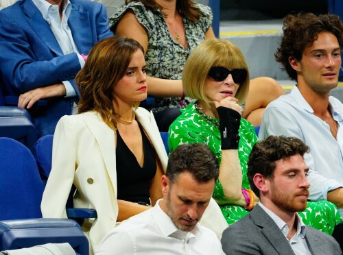 Emma Watson attends the 2023 US Open Tennis Championships in NY - September 5, 2023

Emma Watson weaves her magic on Anna Wintour! Spellbinding Harry Potter star makes Vogue boss crack a rare smile at the 2023 US Open Tennis Championships in New York City

Emma Watson served up a chic look for the 2023 US Open Tennis Championships in New York City on Tuesday.

The 33-year-old cut a seriously stylish figure in an eye-catching white suit and black vest while watching Karolina Muchova of the Czech Republic defeat Sorana Cirstea, of Romania, during the quarterfinals.

And it's a good thing the Harry Potter star brought her fashion A-game - she was seated alongside Vogue boss Anna Wintour.

The actress certainly managed to weave her magic on the notoriously aloof magazine icon, with Wintour cracking a rare smile and even a chuckle while the pair chatted away courtside.

Of course, the pair have crossed paths many times before with Emma chalking up numerous British Vogue and international Vogue covers during her hugely successful career.

The 73-year-old media executive donned an eye-catching white-and-green sleeved dress at the sporting event.

The longtime Editor-In-Chief of Vogue added another element of brightness to her look with a white leather belt.

The fashion industry mainstay also accessorized with a set of sparkling necklaces.

Wintour donned a pair of jet-black sunglasses, which contrasted perfectly with the bright tones of her clothing.

Her platinum blonde hair fell towards her shoulders while she spent time at the tournament.

Elsewhere at the star-studded event, Chloe Grace Moretz opted for a graphic-printed navy blue t-shirt during the championships.

The 26-year-old performer paired her top with a set of wide-framed sunglasses.

The Dark Shadows actress gave her outfit a bit of metallic shine with a set of earrings.

Moretz was also seated next to her girlfriend, Kate Harrison, for the duration of the sporting event.

The 32-year-old model showed off her sculpted arms while wearing a white undershirt.

The social media personality added an element of darkness to her look with a black crossbody bag.

Her dark brunette hair cascaded onto her shoulders and chest as she spent time at the tournament.

J Balvin stood out while wearing a bright pink polo shirt during the annual sporting event.

The 38-year-old musician paired his top with an equally eye-catching pair of pants.

DailyMail

#EmmaWatson