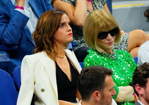 Emma Watson attends the 2023 US Open Tennis Championships in NY - September 5, 2023

Emma Watson weaves her magic on Anna Wintour! Spellbinding Harry Potter star makes Vogue boss crack a rare smile at the 2023 US Open Tennis Championships in New York City

Emma Watson served up a chic look for the 2023 US Open Tennis Championships in New York City on Tuesday.

The 33-year-old cut a seriously stylish figure in an eye-catching white suit and black vest while watching Karolina Muchova of the Czech Republic defeat Sorana Cirstea, of Romania, during the quarterfinals.

And it's a good thing the Harry Potter star brought her fashion A-game - she was seated alongside Vogue boss Anna Wintour.

The actress certainly managed to weave her magic on the notoriously aloof magazine icon, with Wintour cracking a rare smile and even a chuckle while the pair chatted away courtside.

Of course, the pair have crossed paths many times before with Emma chalking up numerous British Vogue and international Vogue covers during her hugely successful career.

The 73-year-old media executive donned an eye-catching white-and-green sleeved dress at the sporting event.

The longtime Editor-In-Chief of Vogue added another element of brightness to her look with a white leather belt.

The fashion industry mainstay also accessorized with a set of sparkling necklaces.

Wintour donned a pair of jet-black sunglasses, which contrasted perfectly with the bright tones of her clothing.

Her platinum blonde hair fell towards her shoulders while she spent time at the tournament.

Elsewhere at the star-studded event, Chloe Grace Moretz opted for a graphic-printed navy blue t-shirt during the championships.

The 26-year-old performer paired her top with a set of wide-framed sunglasses.

The Dark Shadows actress gave her outfit a bit of metallic shine with a set of earrings.

Moretz was also seated next to her girlfriend, Kate Harrison, for the duration of the sporting event.

The 32-year-old model showed off her sculpted arms while wearing a white undershirt.

The social media personality added an element of darkness to her look with a black crossbody bag.

Her dark brunette hair cascaded onto her shoulders and chest as she spent time at the tournament.

J Balvin stood out while wearing a bright pink polo shirt during the annual sporting event.

The 38-year-old musician paired his top with an equally eye-catching pair of pants.

DailyMail

#EmmaWatson