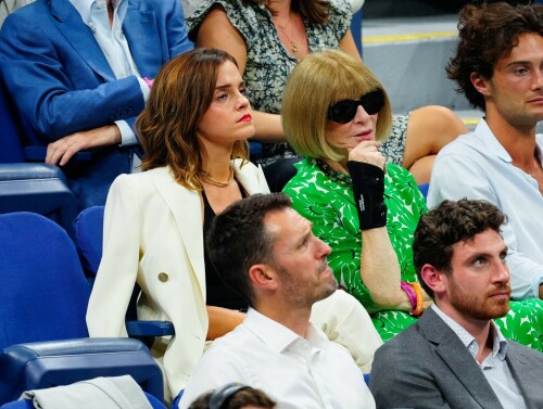 Emma Watson attends the 2023 US Open Tennis Championships in NY - September 5, 2023

Emma Watson weaves her magic on Anna Wintour! Spellbinding Harry Potter star makes Vogue boss crack a rare smile at the 2023 US Open Tennis Championships in New York City

Emma Watson served up a chic look for the 2023 US Open Tennis Championships in New York City on Tuesday.

The 33-year-old cut a seriously stylish figure in an eye-catching white suit and black vest while watching Karolina Muchova of the Czech Republic defeat Sorana Cirstea, of Romania, during the quarterfinals.

And it's a good thing the Harry Potter star brought her fashion A-game - she was seated alongside Vogue boss Anna Wintour.

The actress certainly managed to weave her magic on the notoriously aloof magazine icon, with Wintour cracking a rare smile and even a chuckle while the pair chatted away courtside.

Of course, the pair have crossed paths many times before with Emma chalking up numerous British Vogue and international Vogue covers during her hugely successful career.

The 73-year-old media executive donned an eye-catching white-and-green sleeved dress at the sporting event.

The longtime Editor-In-Chief of Vogue added another element of brightness to her look with a white leather belt.

The fashion industry mainstay also accessorized with a set of sparkling necklaces.

Wintour donned a pair of jet-black sunglasses, which contrasted perfectly with the bright tones of her clothing.

Her platinum blonde hair fell towards her shoulders while she spent time at the tournament.

Elsewhere at the star-studded event, Chloe Grace Moretz opted for a graphic-printed navy blue t-shirt during the championships.

The 26-year-old performer paired her top with a set of wide-framed sunglasses.

The Dark Shadows actress gave her outfit a bit of metallic shine with a set of earrings.

Moretz was also seated next to her girlfriend, Kate Harrison, for the duration of the sporting event.

The 32-year-old model showed off her sculpted arms while wearing a white undershirt.

The social media personality added an element of darkness to her look with a black crossbody bag.

Her dark brunette hair cascaded onto her shoulders and chest as she spent time at the tournament.

J Balvin stood out while wearing a bright pink polo shirt during the annual sporting event.

The 38-year-old musician paired his top with an equally eye-catching pair of pants.

DailyMail

#EmmaWatson