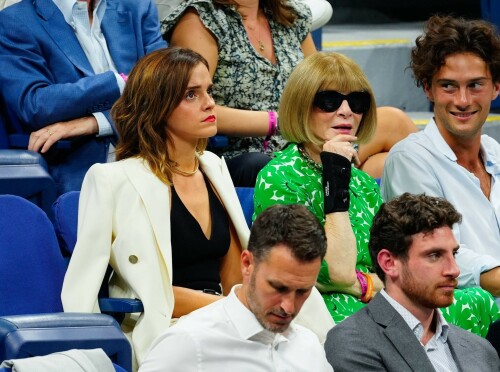 Emma Watson attends the 2023 US Open Tennis Championships in NY - September 5, 2023

Emma Watson weaves her magic on Anna Wintour! Spellbinding Harry Potter star makes Vogue boss crack a rare smile at the 2023 US Open Tennis Championships in New York City

Emma Watson served up a chic look for the 2023 US Open Tennis Championships in New York City on Tuesday.

The 33-year-old cut a seriously stylish figure in an eye-catching white suit and black vest while watching Karolina Muchova of the Czech Republic defeat Sorana Cirstea, of Romania, during the quarterfinals.

And it's a good thing the Harry Potter star brought her fashion A-game - she was seated alongside Vogue boss Anna Wintour.

The actress certainly managed to weave her magic on the notoriously aloof magazine icon, with Wintour cracking a rare smile and even a chuckle while the pair chatted away courtside.

Of course, the pair have crossed paths many times before with Emma chalking up numerous British Vogue and international Vogue covers during her hugely successful career.

The 73-year-old media executive donned an eye-catching white-and-green sleeved dress at the sporting event.

The longtime Editor-In-Chief of Vogue added another element of brightness to her look with a white leather belt.

The fashion industry mainstay also accessorized with a set of sparkling necklaces.

Wintour donned a pair of jet-black sunglasses, which contrasted perfectly with the bright tones of her clothing.

Her platinum blonde hair fell towards her shoulders while she spent time at the tournament.

Elsewhere at the star-studded event, Chloe Grace Moretz opted for a graphic-printed navy blue t-shirt during the championships.

The 26-year-old performer paired her top with a set of wide-framed sunglasses.

The Dark Shadows actress gave her outfit a bit of metallic shine with a set of earrings.

Moretz was also seated next to her girlfriend, Kate Harrison, for the duration of the sporting event.

The 32-year-old model showed off her sculpted arms while wearing a white undershirt.

The social media personality added an element of darkness to her look with a black crossbody bag.

Her dark brunette hair cascaded onto her shoulders and chest as she spent time at the tournament.

J Balvin stood out while wearing a bright pink polo shirt during the annual sporting event.

The 38-year-old musician paired his top with an equally eye-catching pair of pants.

DailyMail

#EmmaWatson