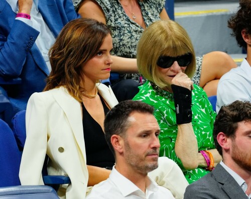 Emma Watson attends the 2023 US Open Tennis Championships in NY - September 5, 2023

Emma Watson weaves her magic on Anna Wintour! Spellbinding Harry Potter star makes Vogue boss crack a rare smile at the 2023 US Open Tennis Championships in New York City

Emma Watson served up a chic look for the 2023 US Open Tennis Championships in New York City on Tuesday.

The 33-year-old cut a seriously stylish figure in an eye-catching white suit and black vest while watching Karolina Muchova of the Czech Republic defeat Sorana Cirstea, of Romania, during the quarterfinals.

And it's a good thing the Harry Potter star brought her fashion A-game - she was seated alongside Vogue boss Anna Wintour.

The actress certainly managed to weave her magic on the notoriously aloof magazine icon, with Wintour cracking a rare smile and even a chuckle while the pair chatted away courtside.

Of course, the pair have crossed paths many times before with Emma chalking up numerous British Vogue and international Vogue covers during her hugely successful career.

The 73-year-old media executive donned an eye-catching white-and-green sleeved dress at the sporting event.

The longtime Editor-In-Chief of Vogue added another element of brightness to her look with a white leather belt.

The fashion industry mainstay also accessorized with a set of sparkling necklaces.

Wintour donned a pair of jet-black sunglasses, which contrasted perfectly with the bright tones of her clothing.

Her platinum blonde hair fell towards her shoulders while she spent time at the tournament.

Elsewhere at the star-studded event, Chloe Grace Moretz opted for a graphic-printed navy blue t-shirt during the championships.

The 26-year-old performer paired her top with a set of wide-framed sunglasses.

The Dark Shadows actress gave her outfit a bit of metallic shine with a set of earrings.

Moretz was also seated next to her girlfriend, Kate Harrison, for the duration of the sporting event.

The 32-year-old model showed off her sculpted arms while wearing a white undershirt.

The social media personality added an element of darkness to her look with a black crossbody bag.

Her dark brunette hair cascaded onto her shoulders and chest as she spent time at the tournament.

J Balvin stood out while wearing a bright pink polo shirt during the annual sporting event.

The 38-year-old musician paired his top with an equally eye-catching pair of pants.

DailyMail

#EmmaWatson