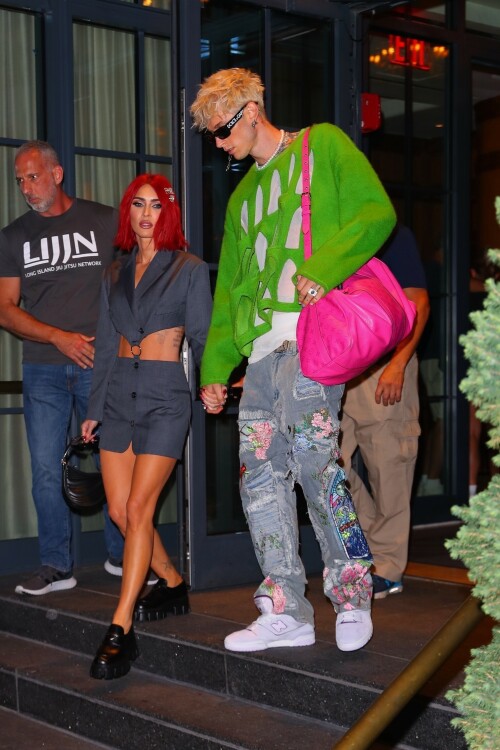 Megan Fox & Machine Gun Kelly arriving at the Nobu restaurant in New York City - September 6, 2023

Megan Fox & Machine Gun Kelly Show Off Their Bold Styles While Out in NYC

Megan Fox and Machine Gun Kelly are taking New York City by storm.

The 37-year-old Jennifer’s Body actress and the 33-year-old “bloody valentine” singer held hands as they left their hotel and headed to lunch on Wednesday afternoon (September 6) in New York City.

For their lunch outing, Megan wore an oversized gray blazer with knee-high snakeskin boots while MGK wore a puffy denim outfit.

Later that night, Megan showed off some skin in a cutoff blazer-dress while MGK wore a green cutout sweater as they headed to Nobu for dinner.

If you missed it, Megan recently announced plans to unveil a new project – a book of poetry. You can also see her in action in some new content from a forthcoming blockbuster!

JustJared

#MeganFox