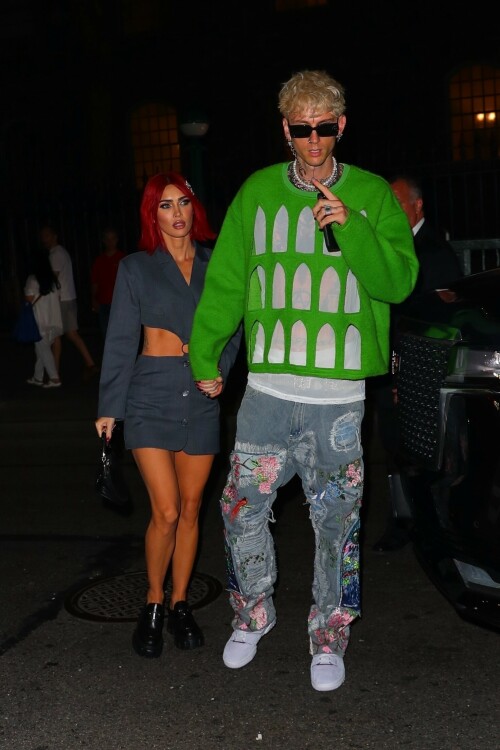 Megan Fox & Machine Gun Kelly arriving at the Nobu restaurant in New York City - September 6, 2023

Megan Fox & Machine Gun Kelly Show Off Their Bold Styles While Out in NYC

Megan Fox and Machine Gun Kelly are taking New York City by storm.

The 37-year-old Jennifer’s Body actress and the 33-year-old “bloody valentine” singer held hands as they left their hotel and headed to lunch on Wednesday afternoon (September 6) in New York City.

For their lunch outing, Megan wore an oversized gray blazer with knee-high snakeskin boots while MGK wore a puffy denim outfit.

Later that night, Megan showed off some skin in a cutoff blazer-dress while MGK wore a green cutout sweater as they headed to Nobu for dinner.

If you missed it, Megan recently announced plans to unveil a new project – a book of poetry. You can also see her in action in some new content from a forthcoming blockbuster!

JustJared

#MeganFox