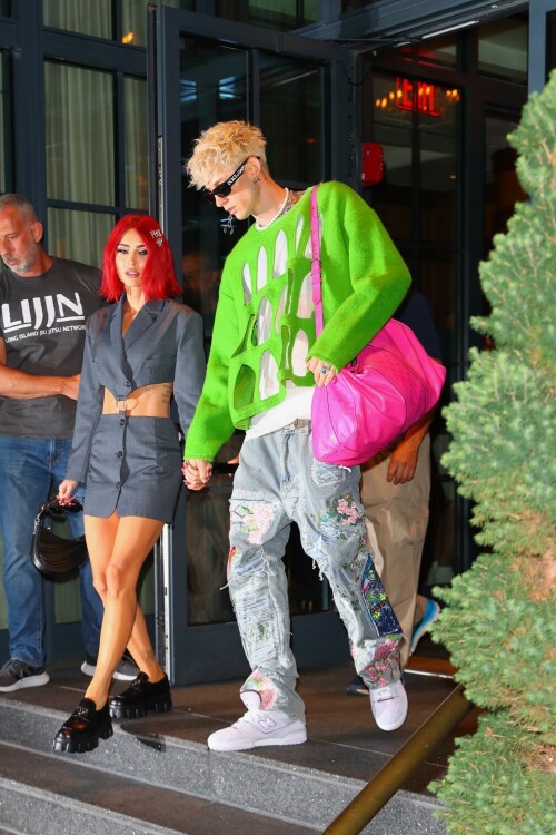 Megan Fox & Machine Gun Kelly arriving at the Nobu restaurant in New York City - September 6, 2023

Megan Fox & Machine Gun Kelly Show Off Their Bold Styles While Out in NYC

Megan Fox and Machine Gun Kelly are taking New York City by storm.

The 37-year-old Jennifer’s Body actress and the 33-year-old “bloody valentine” singer held hands as they left their hotel and headed to lunch on Wednesday afternoon (September 6) in New York City.

For their lunch outing, Megan wore an oversized gray blazer with knee-high snakeskin boots while MGK wore a puffy denim outfit.

Later that night, Megan showed off some skin in a cutoff blazer-dress while MGK wore a green cutout sweater as they headed to Nobu for dinner.

If you missed it, Megan recently announced plans to unveil a new project – a book of poetry. You can also see her in action in some new content from a forthcoming blockbuster!

JustJared

#MeganFox