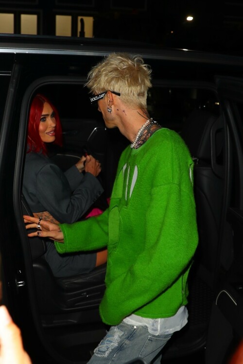 Megan Fox & Machine Gun Kelly arriving at the Nobu restaurant in New York City - September 6, 2023

Megan Fox & Machine Gun Kelly Show Off Their Bold Styles While Out in NYC

Megan Fox and Machine Gun Kelly are taking New York City by storm.

The 37-year-old Jennifer’s Body actress and the 33-year-old “bloody valentine” singer held hands as they left their hotel and headed to lunch on Wednesday afternoon (September 6) in New York City.

For their lunch outing, Megan wore an oversized gray blazer with knee-high snakeskin boots while MGK wore a puffy denim outfit.

Later that night, Megan showed off some skin in a cutoff blazer-dress while MGK wore a green cutout sweater as they headed to Nobu for dinner.

If you missed it, Megan recently announced plans to unveil a new project – a book of poetry. You can also see her in action in some new content from a forthcoming blockbuster!

JustJared

#MeganFox