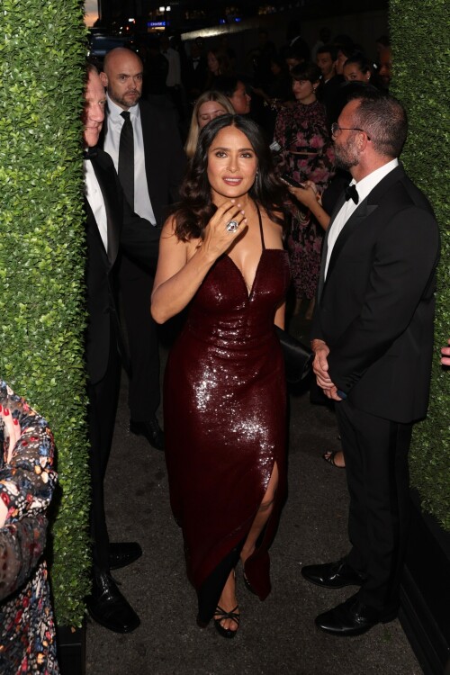 Salma Hayek - Kering Hosts 2nd Annual Caring for Women in New York - September 12, 2023

Salma Hayek oozes glamour in a plunging sequinned burgundy gown as she attends the Caring For Women charity dinner

Salma Hayek was sure to turn heads as she put on a very glamorous display at the Kering Foundation's second annual Caring For Women Dinner in New York on Tuesday, held to raise money for domestic abuse survivors.

The actress, 57, dazzled in a plunging sequinned burgundy gown as she graced the black carpet at the charity gala held to raise money for domestic abuse survivors.

Salma was sure to look her best for the star-studded event, as she posed this way and that in the figure-hugging dress which featured a split at the leg.

The Frida star accessorised her glam look with black heels and a coordinating clutch bag, finishing things off with silver drop earrings.

Salma was in good company as she posed alongside longtime husband and Kering CEO François-Henri Pinault, 61, who looked dapper in a black suit.

Pinault is chairman of the Kering Foundation and his wife Hayek is on the board of directors.

The second annual Caring For Women dinner is presented by the Kering Foundation — the leading foundation combatting the epidemic that is violence against women and girls.

It is a celebration of the charitable organization's 15th anniversary and the theme of the evening was 'strength in numbers,' as per WWD.

Hayek and Pinault co-chaired the event with the likes of supermodel Christy Turlington, Olivia Wilde and Zoe Kravitz among others.

This year's star-studded dinner benefitted organizations that 'address gender-based violence.'

'Despite alarming setbacks in women's rights around the world, there has been heartening progress to address violence against women in the last 15 years, and we must continue to harness the power of collaboration and solidarity to ensure that all women can lead fulfilling lives free from violence,' Pinault said in a statement head of Tuesday's soiree.

Salma's outing comes days after she proved age is just a number while showcasing her age-defying figure in a black and white patterned bikini.

In her latest Instagram post, the 57-year-old Oscar nominee looked nothing short of sensational in a flowy light blue cover-up as she cruised around on the ocean on a yacht.

As she posed, with windswept hair and a coy smile, the House of Gucci star placed one hand on her right hip and gave the camera her best smoldering stare.

'What’s wrong with Sunday blues?' she captioned the photo, which received more than 351,695 likes in just six hours.

Her latest post comes after gushing to fans that she is 'so happy to be alive and so profoundly grateful for all the blessings.'

'My beloved family, my precious friends, my health, my work that keeps me going, my empowering team, my relationship with animals & nature, and the love of all my loyal fans,' she captioned a sexy slideshow of snaps of her at the beach.

She concluded: 'Happy 57th birthday to me!!!'

DailyMail

#SalmaHayek