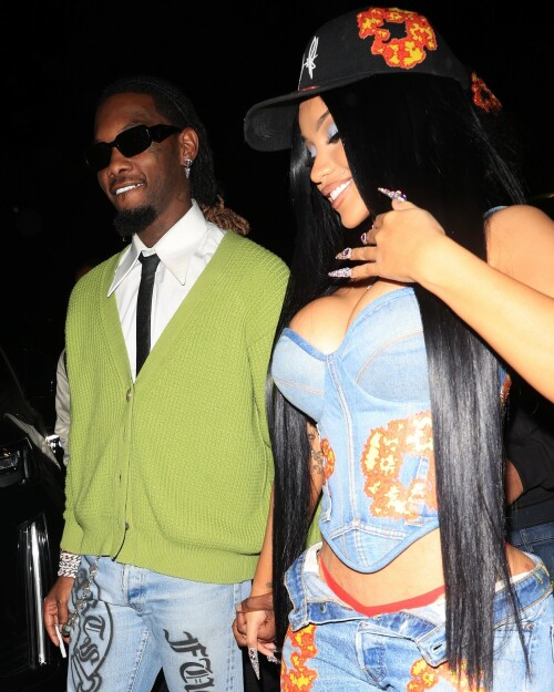 Cardi B and Offset attended Offset's Set It Off album release party at Poppy nightclub in West Hollywood on Thursday, October 13, 2023.

The couple turned up in style, with Cardi B rocking a casual glam outfit that included a denim corset, matching bottom, and heels with a black Set It Off baseball cap. Offset looked sharp in a white shirt, black tie, and green cardigan, completing his look with black sunglasses, jeans, and black shoes.

#CardiB