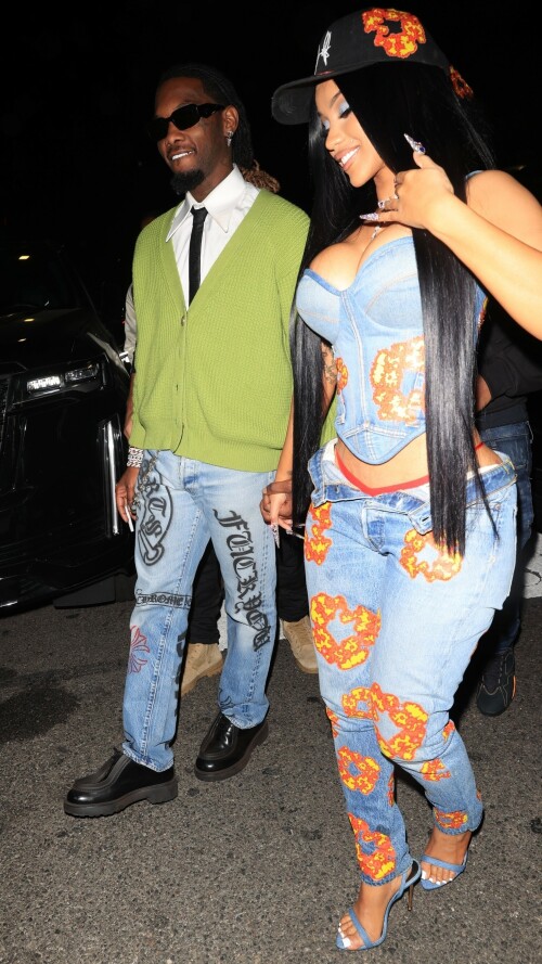 Cardi B and Offset attended Offset's Set It Off album release party at Poppy nightclub in West Hollywood on Thursday, October 13, 2023.

The couple turned up in style, with Cardi B rocking a casual glam outfit that included a denim corset, matching bottom, and heels with a black Set It Off baseball cap. Offset looked sharp in a white shirt, black tie, and green cardigan, completing his look with black sunglasses, jeans, and black shoes.

#CardiB