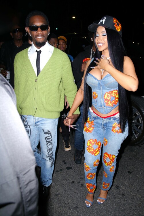 Cardi B and Offset attended Offset's Set It Off album release party at Poppy nightclub in West Hollywood on Thursday, October 13, 2023.

The couple turned up in style, with Cardi B rocking a casual glam outfit that included a denim corset, matching bottom, and heels with a black Set It Off baseball cap. Offset looked sharp in a white shirt, black tie, and green cardigan, completing his look with black sunglasses, jeans, and black shoes.

#CardiB