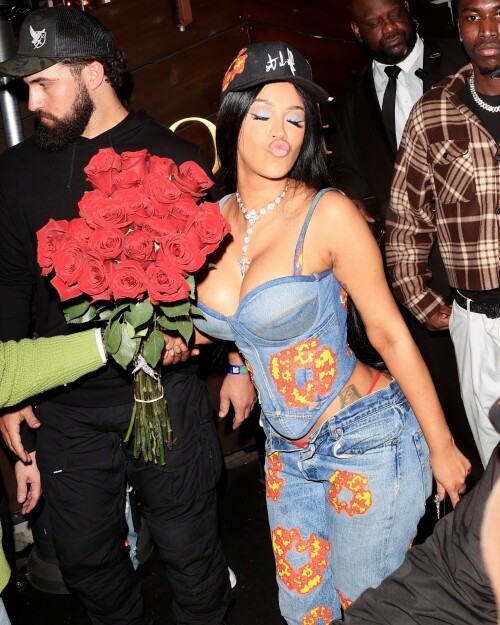 Cardi B and Offset attended Offset's Set It Off album release party at Poppy nightclub in West Hollywood on Thursday, October 13, 2023.

The couple turned up in style, with Cardi B rocking a casual glam outfit that included a denim corset, matching bottom, and heels with a black Set It Off baseball cap. Offset looked sharp in a white shirt, black tie, and green cardigan, completing his look with black sunglasses, jeans, and black shoes.

#CardiB