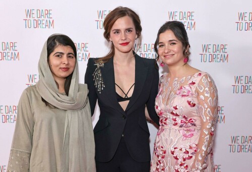 Emma Watson | 'We Dare to Dream' Premiere in London, UK - November 26, 2023

Emma Watson dazzles in a plunging black suit as she poses with Malala Yousafzai at the premiere of We Dare To Dream

Emma Watson dazzled in a plunging black suit at the We Dare To Dream premiere in London on Sunday evening.

The Harry Potter actress, 33, looked radiant as she joined Malala Yousafzai at the event at Cineworld Leicester Square.

Emma opted for an all-black number, flashing a black bralette under her suit, which was embellished with sequins at the shoulder.

The screen star also posed with the film's director Waad Al-Kateab and producer Joe Gebbia.

Also in attendance was Emma's Harry Potter co-star Jason Isaacs, who played Lucius Malfoy in the wizarding series.

Jason looked laid-back in a zip-up hoodie and jeans - but added a blazer for his evening out.

James Corden appeared in high spirits in a black blazer with red trimmings and buttons - after making the move from America back to the UK.

We Dare To Dream sees Refugee athletes face dramatic challenges while competing for a place in the 2020 Olympic Games.

The film features an original song Don't Need to Sleep performed by John Legend, while Angelina Jolie and Legend are two of the executive producers.

The athletes from Iran, Syria, South Sudan and Cameroon all seek to make it as they train to compete on the world stage, revealing a breadth of backgrounds, personal stories and Olympic sports.

It shows the fire and the drive of young people forced to leave their families, homes and countries of birth to build new lives out of nothing.

Culminating in their competition at the summer Olympics, their compatriots back home and their new communities in refugee camps watch as these determined young athletes fight for their place in the world.

Emma took some time out for the special evening from her busy studies at Oxford University, where she is currently focusing on master's degree in creative writing.

Her plans to study creative writing were revealed in an interview with the Financial Times in April, in which it was reported that she had begun writing poetry during lockdown as well as essays on love, friendship and relationships.

Her studies are thought to be part-time and mostly online.

However she caused a stir when she appeared in person for the university's matriculation ceremony at the start of the academic year, as students rushed to take photos of the famous star.

She also spent a year attending Worcester College at Oxford as an undergraduate in the 2011/12 academic year.

This was during the course of her English literature degree at Brown University in Rhode Island, from where she graduated in 2014.

The Oxford University website states that the creative writing master's course runs for two years and costs £9,025 a year for UK students and £14,155 a year for those from overseas.

Emma spent much of her childhood in Oxfordshire, living there with her mother Jacqueline from the age of five and attending Dragon School and Headington School in the city.

Daily Mail

#EmmaWatson